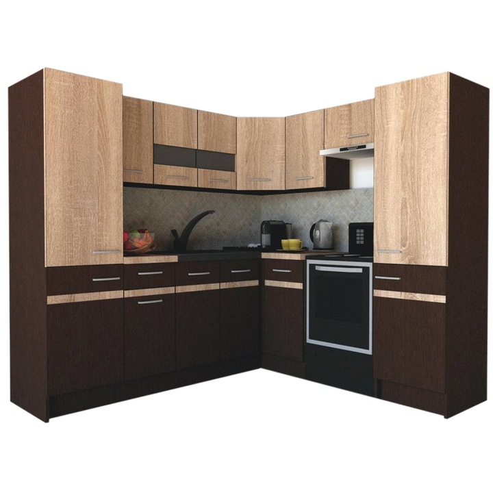 Set Bucatarie de Colt GENA NEW 12 DR. 210-230, Genarom, Fara Corp de Cuptor, Wenge / Stejar Sonoma