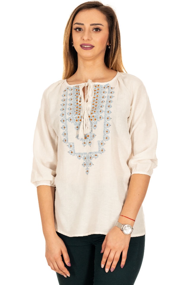 Bluza ti ie, Cara, cu broderie, Alb/Albastru, S