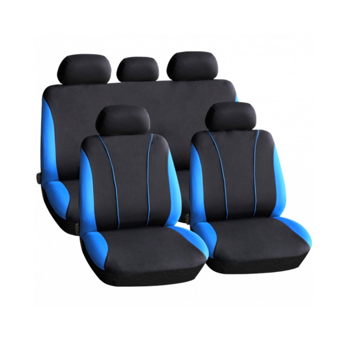 Премиум универсален комплект калъфи за автомобилни седалки, Carguard, съвместим със седалките с въздушна възглавница, полиестер + 2 мм гъба, черно+синьо
