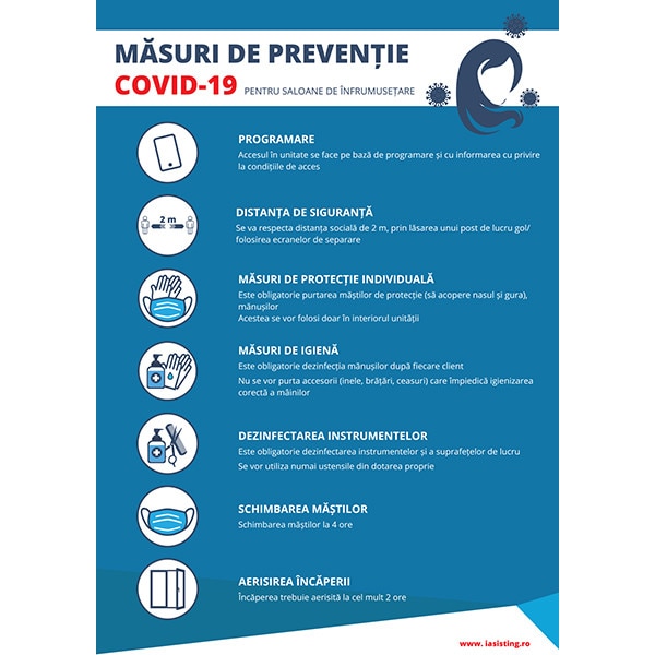 Indicatoare, masuri de preventie Covid-19 Saloane de infrumusetare, A4, autocolant, pachet 5 buc
