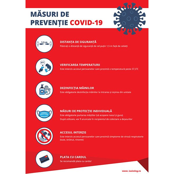 Indicator autocolant, format A4, masuri generale de preventie Covid-19, pachet 5 buc
