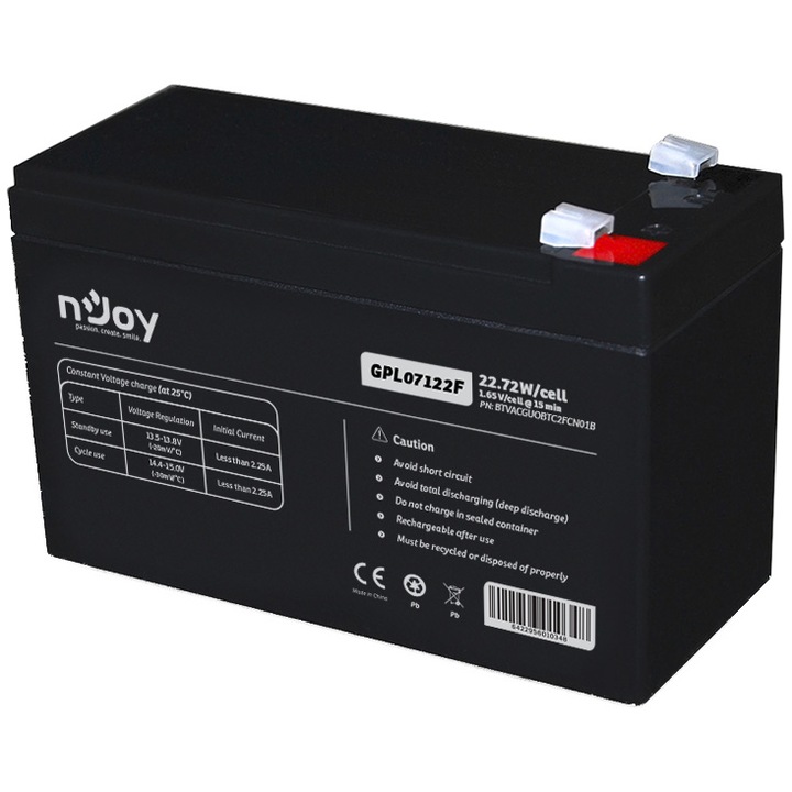 Батерия NJOY GPL07122F (12V/7Ah, Long-life, T2/F2, Запечатана, Без поддръжка, AGM)