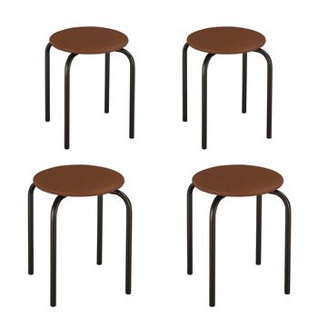 Set 4 scaune de tip taburet Chico, cadru negru, piele ecologica, maro