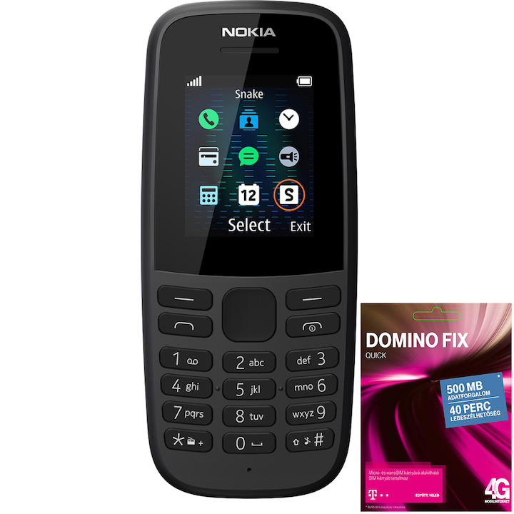 Nokia 105 (2019) Feltöltőkártyás Mobiltelefon, Fekete + Telekom Domino Quick SIM kártya