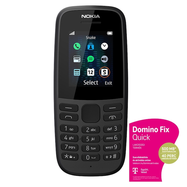 Nokia 105 (2019) Feltöltőkártyás Mobiltelefon, Fekete + Telekom Domino Quick SIM kártya