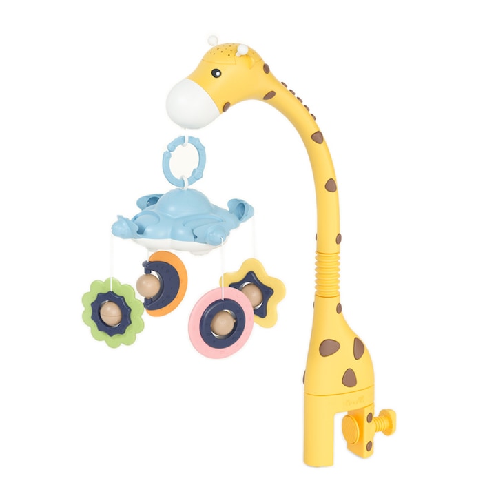 Многофункционална интерактивна въртележка, Sleepy Giraffe, Tumama®, със светлинни прожекции и мелодии, пластмасов материал, възраст +0 месеца, жълто/синьо
