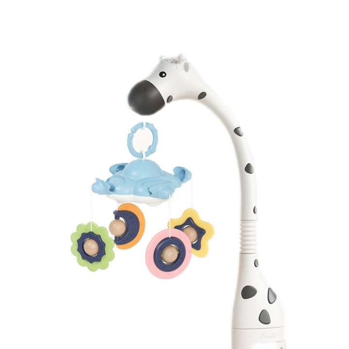 Многофункционална интерактивна въртележка, Sleepy Giraffe, Tumama®, със светлинни прожекции и мелодии, пластмасов материал, възраст +0 месеца, бяло/синьо