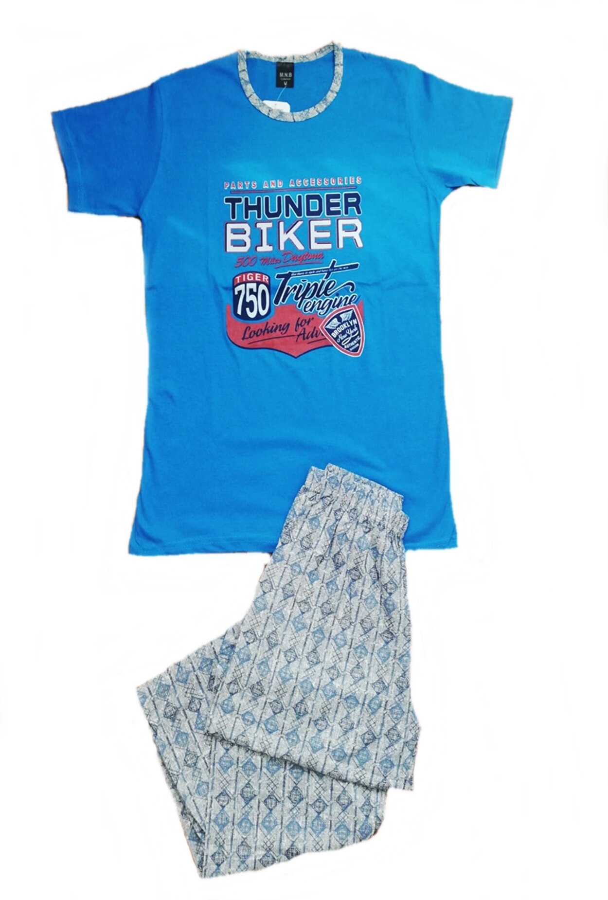 Pijama barbati SRN maneca scurta si pantaloni lungi, imprimeu Thunder Biker, Albastru, Albastru