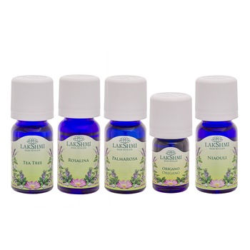 Set uleiuri esentiale 100% pure Lakshmi, tratament alternativ laringita, 5 bucati, 45 ml Set uleiuri esentiale 100% pure Lakshmi, tratament alternativ laringita, 5 bucati, 45 ml