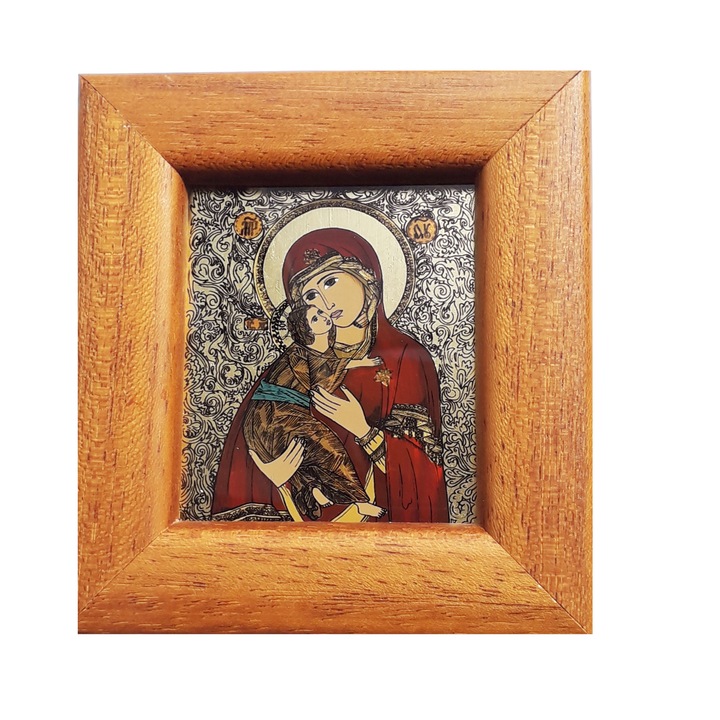 Icoana pictata manual pe sticla, Maica Domnului Vladimir, Fecioara Maria, 12 x11 cm