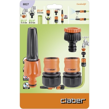 Starter set Claber- Conector robinet 3/4” (20-27 mm), reductor 1/2” (15-21 mm) , cuple automate 1/2'' cu/fara aquastop, duza pulverizare cu jet Starter set Claber- Conector robinet 3/4” (20-27 mm), reductor 1/2” (15-21 mm) , cuple automate 1/2'' cu/fara aquastop, duza pulverizare cu jet