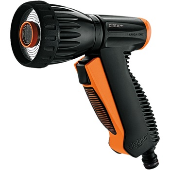 Pistol de dus Claber cu aerator, prindere din cauciuc anatomic si debit convenabil cu buton on-off Pistol de dus Claber cu aerator, prindere din cauciuc anatomic si debit convenabil cu buton on-off