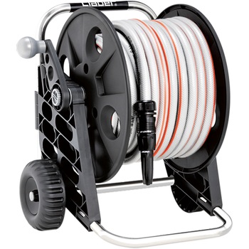 Tambur pentru furtun Claber cu cadru si roti - furtun 25m 5/8'' (14-19mm), 4 cuple automate si duza pulverizare jet Tambur pentru furtun Claber cu cadru si roti - furtun 25m 5/8'' (14-19mm), 4 cuple automate si duza pulverizare jet