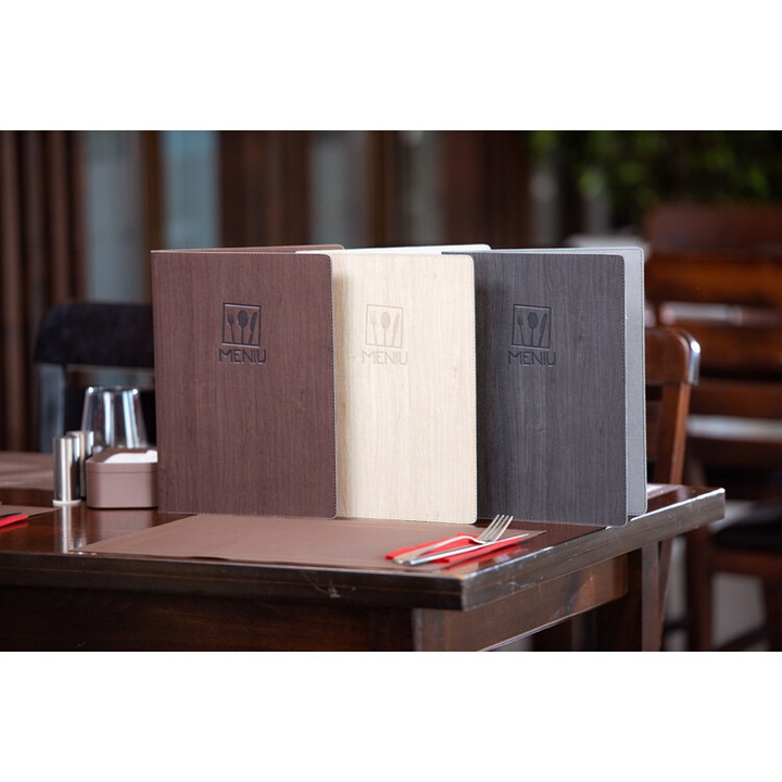 Mapa meniu A4+, Wood, piele PU interior/exterior, lavabila, bej