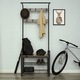 VASAGLE Cuier pentru haine, cu banc depozitare pantofi, 9 carlige detasabile, sina pentru haine, 34x77x183cm, industrial, maro rustic si negru
