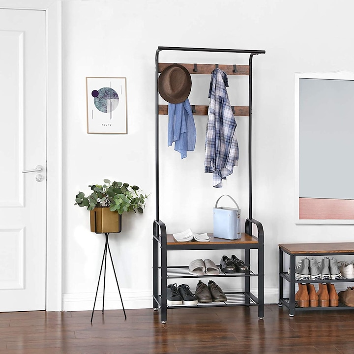 VASAGLE Cuier pentru haine, cu banc depozitare pantofi, 9 carlige detasabile, sina pentru haine, 34x77x183cm, industrial, maro rustic si negru