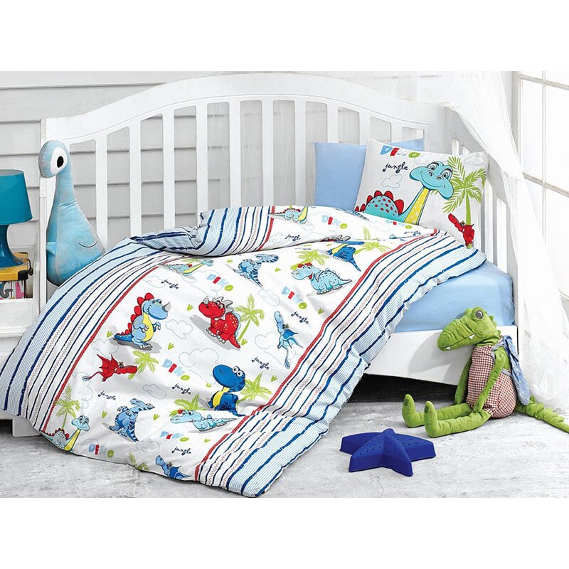 Lenjerie pentru patut bebe, 4 Piese, Cottonbox, 3 Piese, model Dino , Bumbac 100%