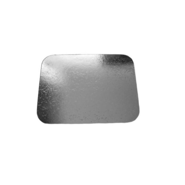 Capace Carton, 146x120 mm, 100 Buc/Set, 250 g/m², pentru Caserole din Aluminiu 430 ml, Forma Dreptunghiulara, Culoare Argintie