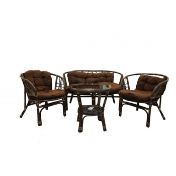 Set masa cu 2 scaune si canapea, Lemn/Sticla, Maro, Perne incluse Set masa cu 2 scaune si canapea, Lemn/Sticla, Maro, Perne incluse