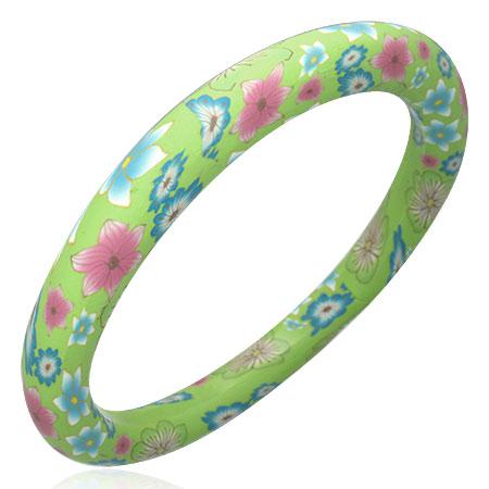 Bratara verde cu floricele roz si bleu - BeSpecial