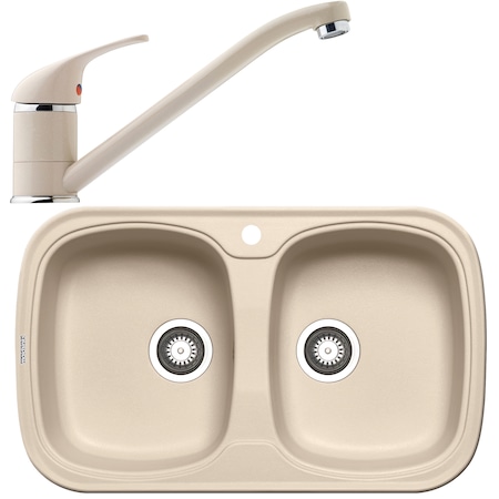 Set chiuveta + baterie de bucatarie Maidsinks by Pyramis Saos, 815x495mm, 2 cuve, adancime 175mm, montare pe blat, Bej