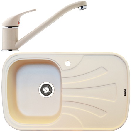 Set chiuveta + baterie de bucatarie Maidsinks by Pyramis SAOS, 825x500mm, 1 cuva, 1 picurator, adancime 175mm, orientarea cuvei pe stanga, montare pe blat, Bej