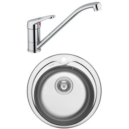 Pachet chiuveta Pyramis Ciclo + baterie de bucatarie VITO, montare pe blat, ø485mm, 1 cuva, adancime 160mm, finisaj anticalcar, inox 18/10, baterie cromata
