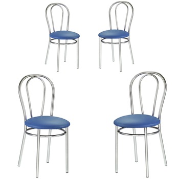 Set 4 scaune dining Tulipan, cadru cromat, piele ecologica, albastru