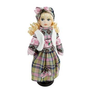 Papusa de colectie, Portelan, Vintage, roz, pulover, 40 cm Papusa de colectie, Portelan, Vintage, roz, pulover, 40 cm