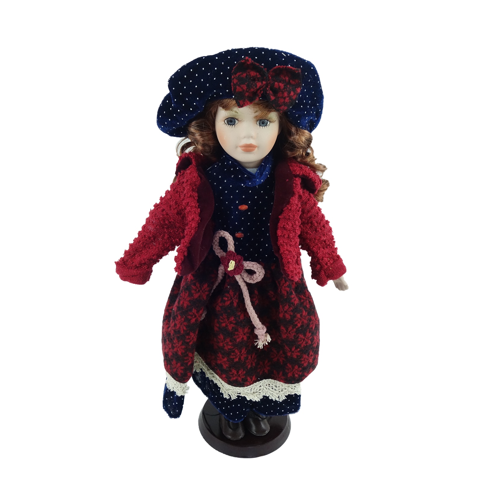 Papusa de colectie, Portelan, Vintage, visiniu/albastru, 40 cm