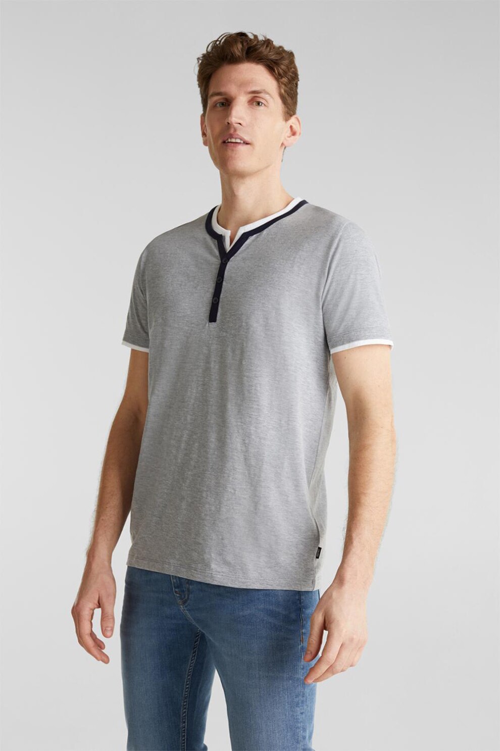 Esprit, Tricou cu fenta cu nasturi, Gri melange/Negru/Alb, S