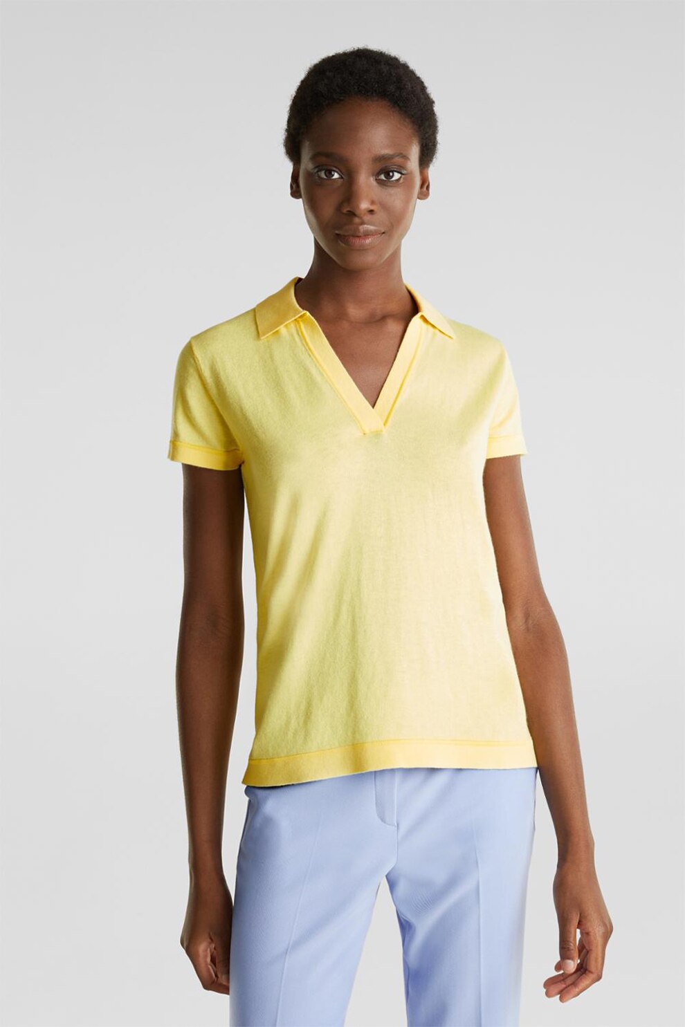 Esprit, Tricou polo din amestec de matase, tricotat fin, Galben, M