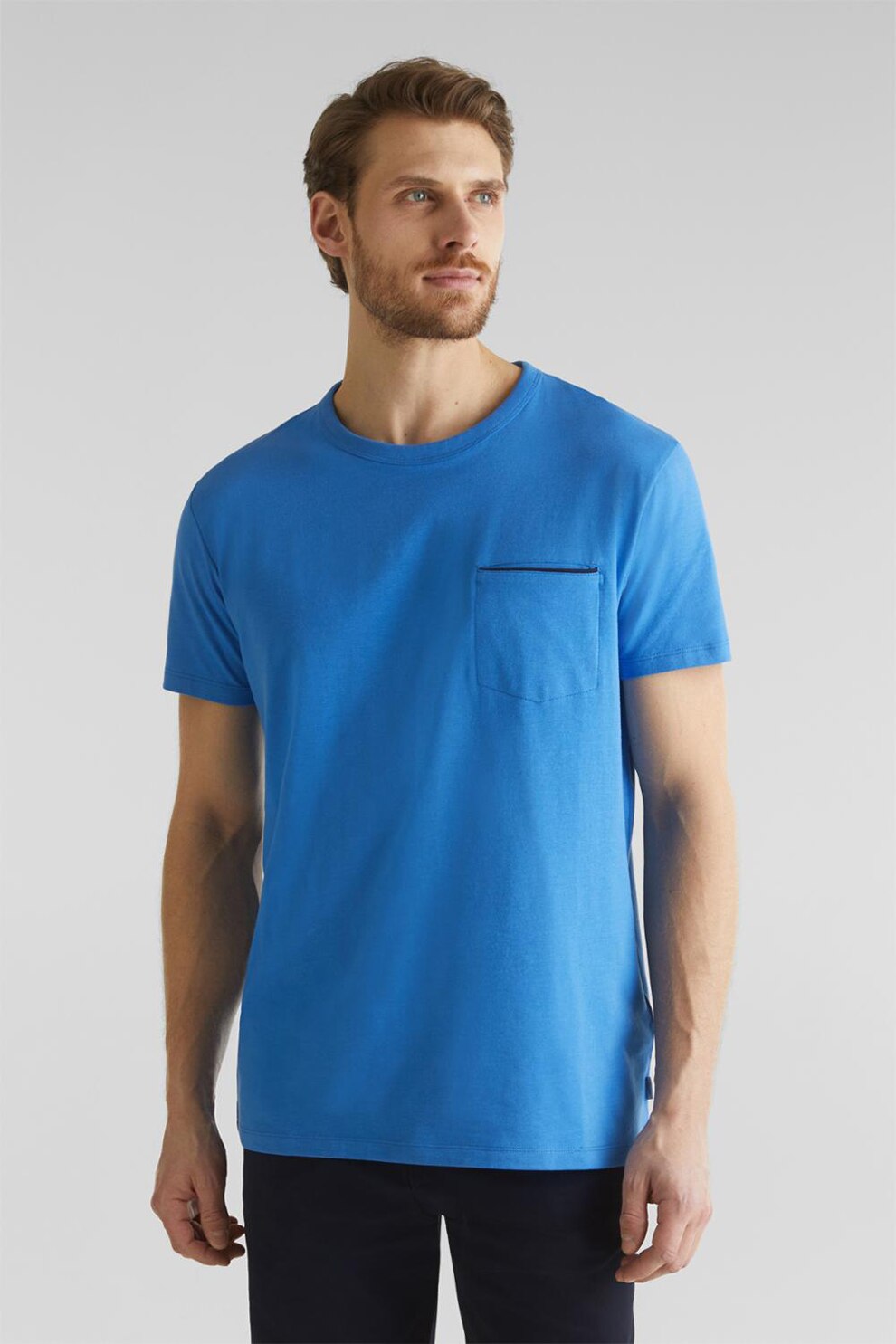 Esprit, Tricou slim fit cu buzunar pe piept, Albastru, S