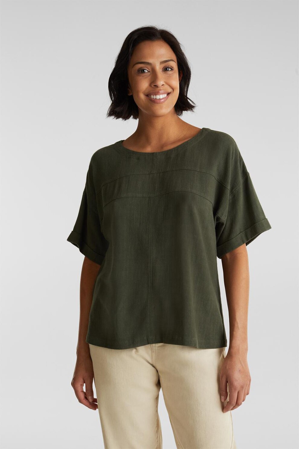 EDC by Esprit, Bluza lejera din amestec de in, Verde forest, XS