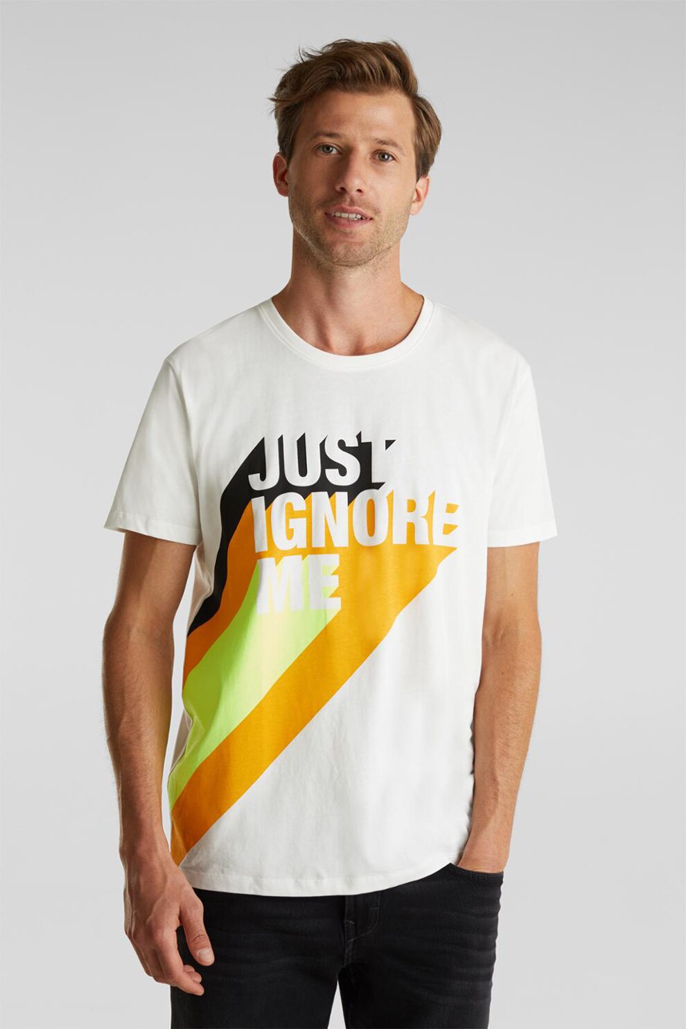 EDC by Esprit, Tricou din bumbac organic cu imprimeu text si decolteu la baza gatului, Alb/Negru/Oranj pal