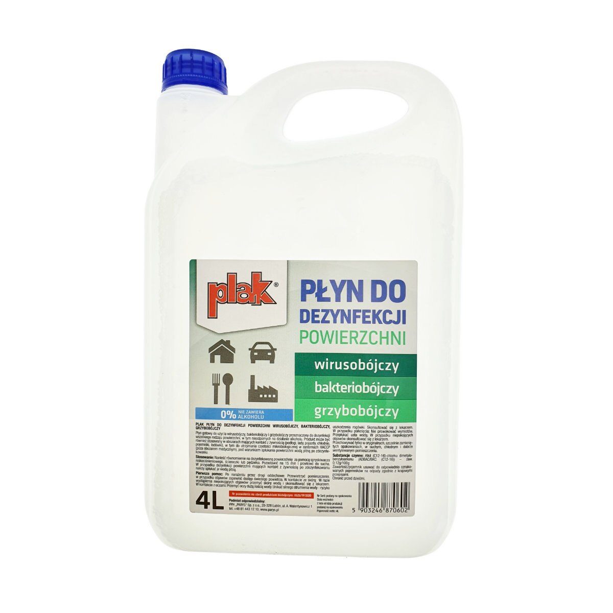 Solutie fara alcool pentru dezinfectarea suprafetelor, Plak 87060, canistra 4 litri, neinflamabila