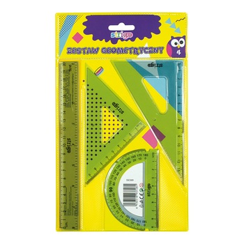 Trusa geometrie, rigla 20cm, echer 45, echer 60, raportor 180 grade, Strigo, Galben Trusa geometrie, rigla 20cm, echer 45, echer 60, raportor 180 grade, Strigo, Galben