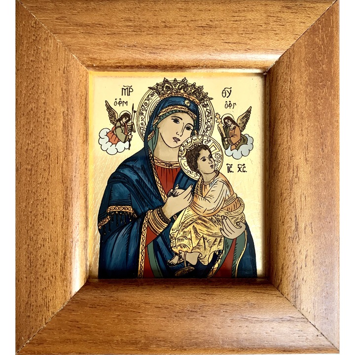 Icoana pictata manual pe sticla ,Perpetuo Socorro, Maica Domnului a patimirilor, Fecioara Maria,12x11 cm
