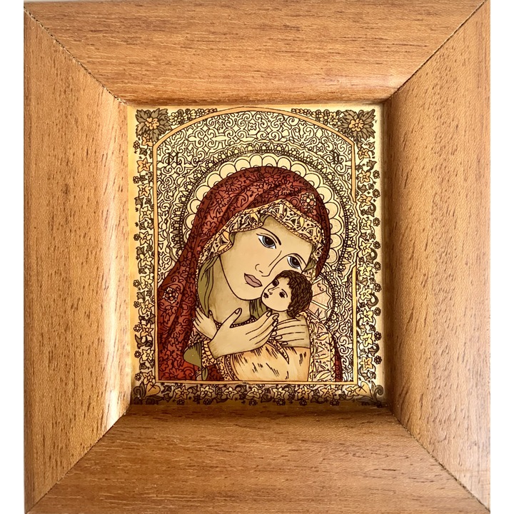 Icoana pictata manual pe sticla, Maica Domnului cu pruncul Iisus, Fecioara Maria, 12x11 cm