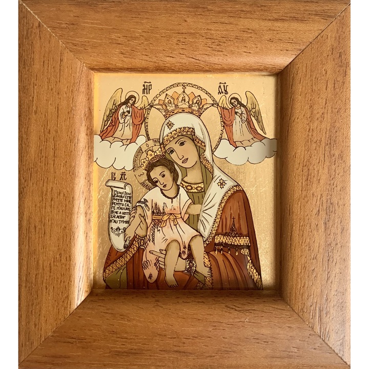 Icoana pictata manual pe sticla, Maica Domnului Axionita, Fecioara Maria cu Pruncul, 12x11 cm
