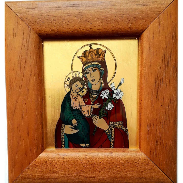 Icoana pictata manual pe sticla , Maica Domnului cu pruncul Iisus, Floare Nepieritoare, Fecioara Maria, 12x11 cm