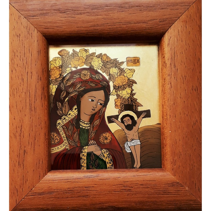 Icoana pictata manual pe sticla, Maica Domnului Indurerata , Fecioara Maria, 12 x 11 cm