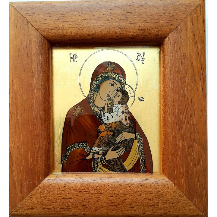 Icoana pictata manual pe sticla, Maica Domnului cu pruncul Iisus , Fecioara Maria, 12x11 cm