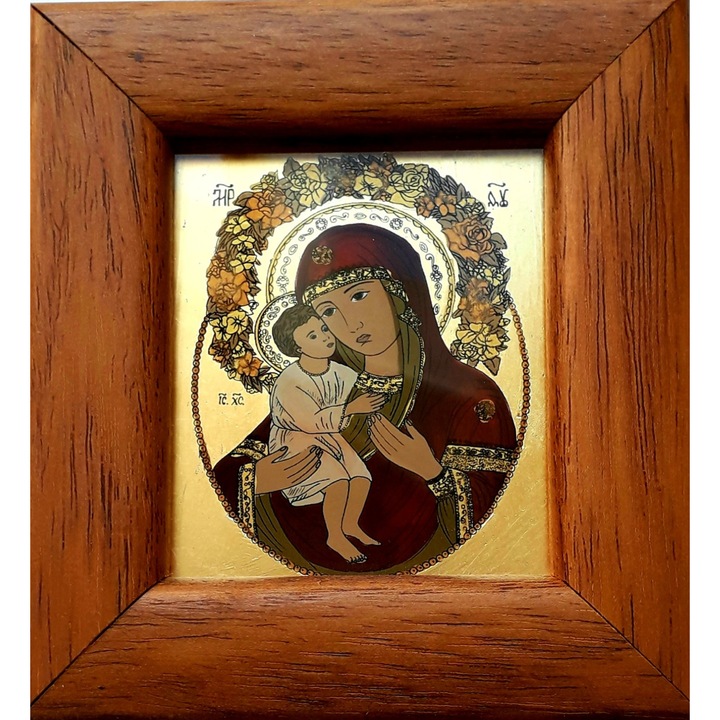Icoana pictata manual pe sticla, Maica Domnului cu pruncul Isus, Fecioara Maria, 12x11 cm
