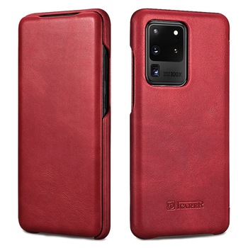 Husa Samsung Galaxy S20 Ultra, iCARER Vintage, din piele naturala, tip carte cu clapeta curbata, culoare Rosu burgund
