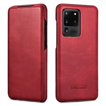 Husa Samsung Galaxy S20 Ultra, iCARER Vintage, din piele naturala, tip carte cu clapeta curbata, culoare Rosu burgund Husa Samsung Galaxy S20 Ultra, iCARER Vintage, din piele naturala, tip carte cu clapeta curbata, culoare Rosu burgund