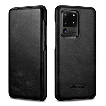 Husa Samsung Galaxy S20 Ultra, iCARER Vintage, din piele naturala, tip carte cu clapeta curbata, culoare Negru Husa Samsung Galaxy S20 Ultra, iCARER Vintage, din piele naturala, tip carte cu clapeta curbata, culoare Negru
