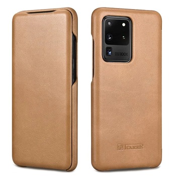 Husa Samsung Galaxy S20 Ultra, iCARER Vintage, din piele naturala, tip carte cu clapeta curbata, culoare Maro camel Husa Samsung Galaxy S20 Ultra, iCARER Vintage, din piele naturala, tip carte cu clapeta curbata, culoare Maro camel