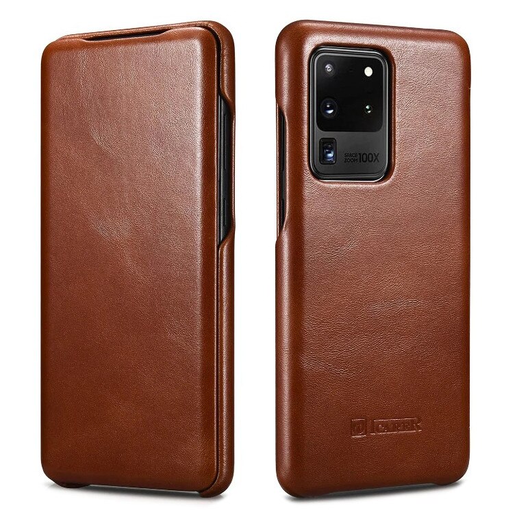 Husa Samsung Galaxy S20 Ultra, iCARER Vintage, din piele naturala, tip carte cu clapeta curbata, culoare Maro coniac