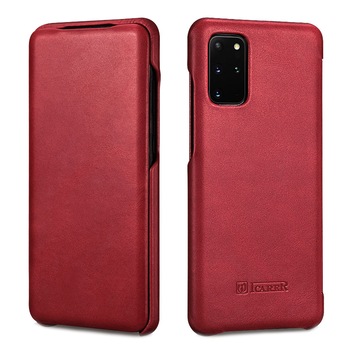 Husa Samsung Galaxy S20 Plus, iCARER Vintage, din piele naturala, tip carte cu clapeta curbata, culoare Rosu burgund